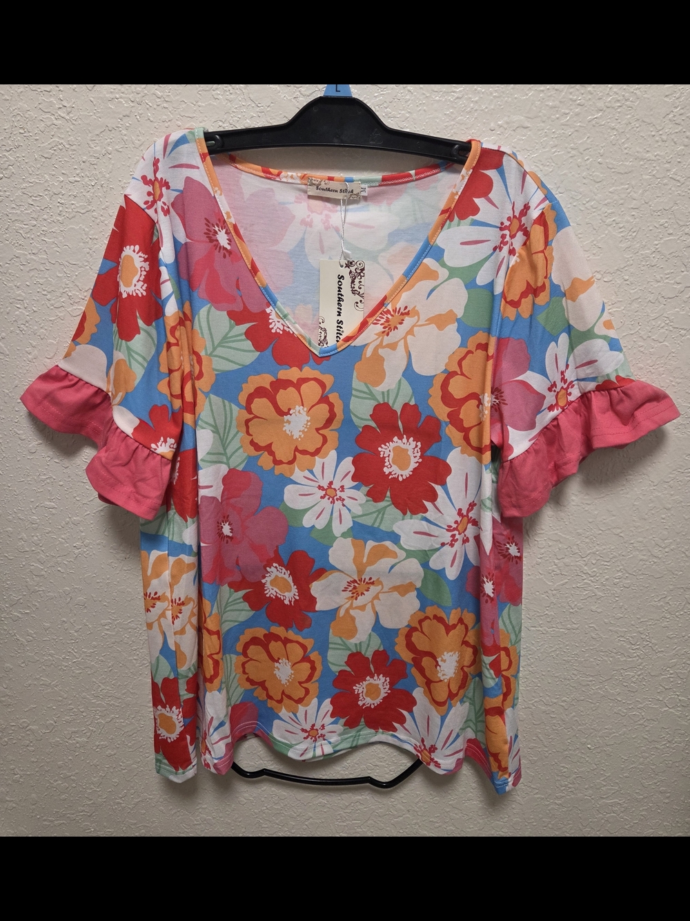Southern Stitch Floral V-Neck Ruffle Sleeve Top